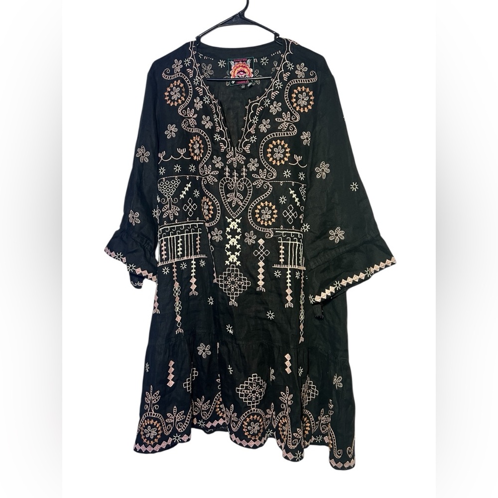 Johnny Was Blue floral linen Midi Dress with Cream Embroidery